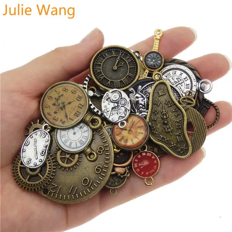 Julie Wang 10pcs Random Mixed Clock Watch Face Charms Alloy Necklace Pendant Finding Jewelry Making Steampunk Accessory