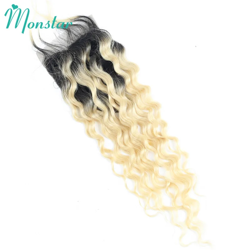 Monstar 1B 613 Blonde Ombre Deep Wave Closure 4x4 Lace Closure Remy Brazilian Human Hair 130% Density Closure Free Middle Part