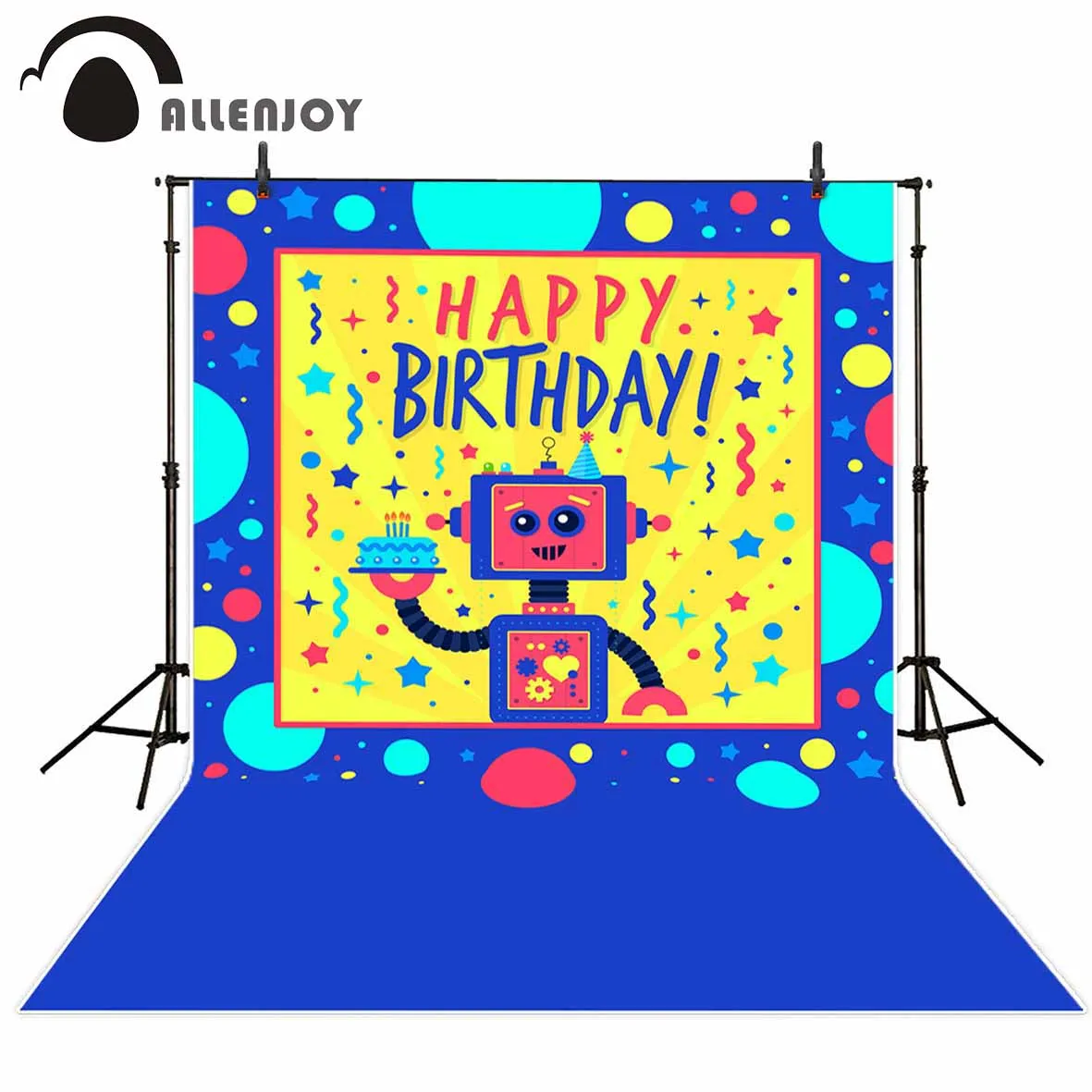 Allenjoy new arrivals photo backdrops Robot Spot Yellow Cake coloful Birthday backdrop photocall photo printed excluding stand