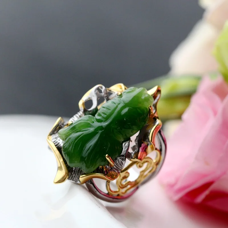 

Retro Thai Silver Wholesale Inlaid Natural Jasper Small Fish Silver Ring Fashion S925 Sterling Silver Index Finger Female Ring