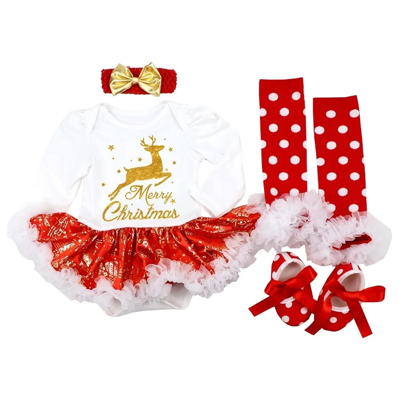 First Christmas Newborn Gift Clothing Set Baby Girl Dress Cotton Mesh Ruffle Girl Christening Gowns 4pcs Christmas 1st Dress Set