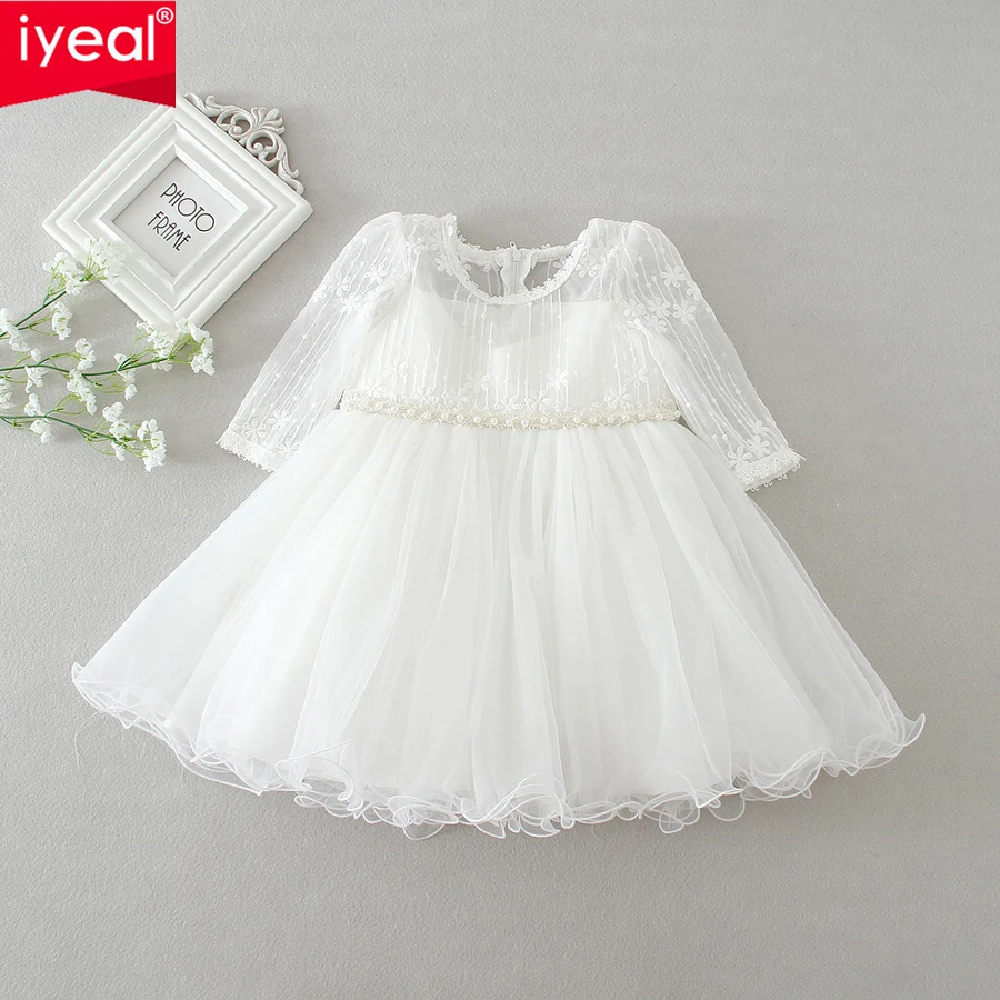 IYEAL Newest Princess Baby Girl Hollow Out Long Sleeve Prom Birthday Party Dress Ivory Elegant Baptism Dresses Vestido Infantil