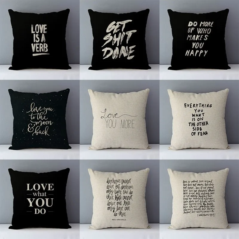 

Simply style cozy couch cushion cover home decorative pillows 45x45cm bedding pillowcase white black words quality printed D5