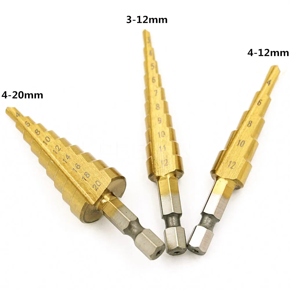 3Pcs HSS Titanium Hex Shank Cone Step Drill Bit 3-12mm 4-12mm 4-20mm Bits For Woodworking Wood Metal  Step Drilling Hole Tools