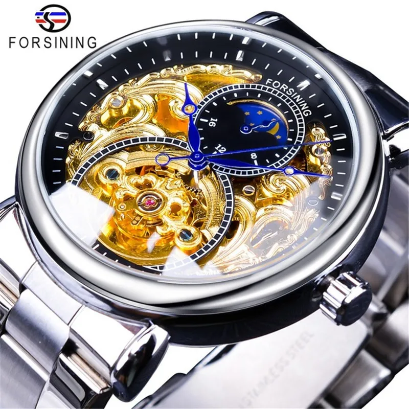 Forsining Brand Luxury Skeleton Automatic Mechanical Watch Men Full Golden Steel & Leather Man Business Sun Moon Display Clock