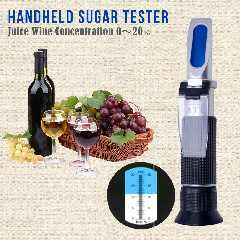 Handheld Sugar Tester with ATC Refractometer 0~20% Brix Alcohol Wort Specific Gravity Beer Fruit Juice Wine Concentration Meters