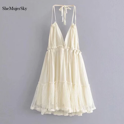 SheMujerSky-vestido Sexy de encaje con espalda descubierta para mujer, minivestido empalmado con cuello Halter y cuello en V, vestido de noche elegante