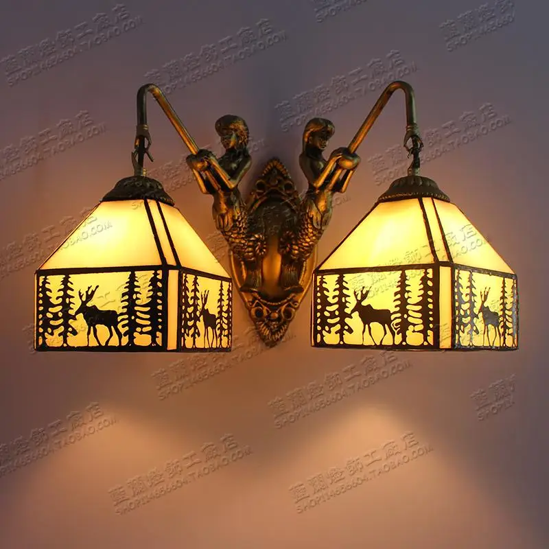 

light American country stained glass double wall lamp elk aisle 2 head bathroom wall lamps DF41