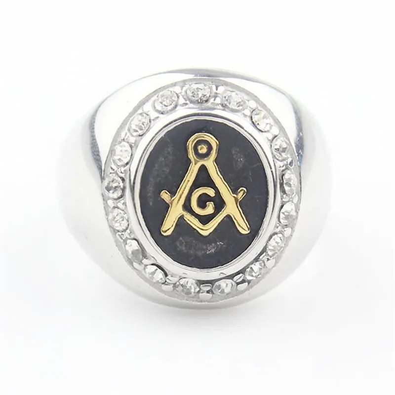 Men's Masonic Ring 316L Stainless Steel Clear CZ Crystal Vintage Freemason Ring