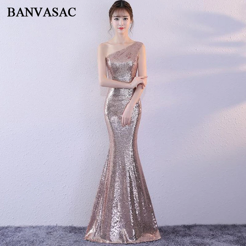 Banvasac 한 어깨 sequined 민소매 인어 긴 이브닝 드레스 2018 우아한 파티 backless 댄스 파티 가운