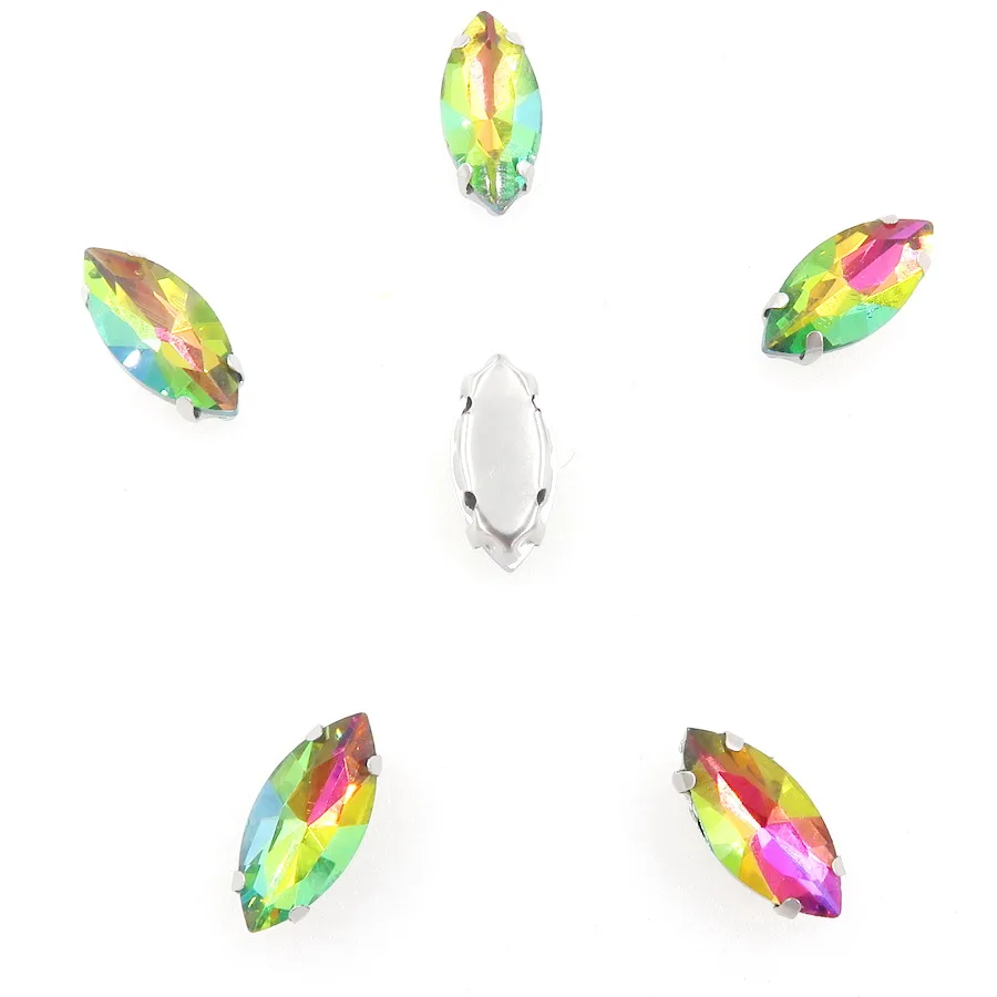 Navette-förmige Silberkrallenfassungen, 20 Stück, Regenbogen- & Jelly-Candy-AB-Farben, Glaskristall, 7*15mm, zum Aufnähen, Strass für Taschen, DIY-Verzierung – Detail 4