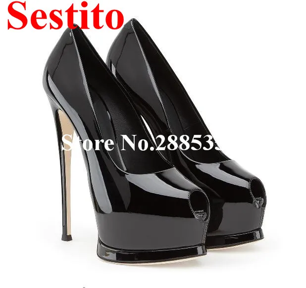 Sestito Sexy Patent Leather Shallow Cut Fish Mouth Platform Extremely High Heels Stiletto Pumps Office Lady Dress Shoes Women