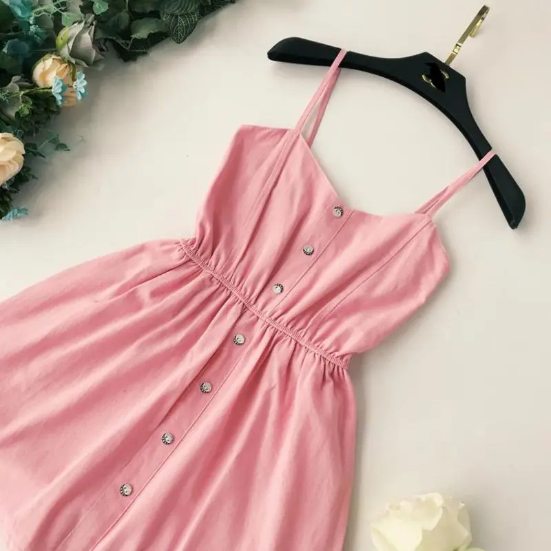 2019 Chic Sling Playsuits Single Breasted Warna Solid Pinggang Tinggi Liburan Kasual Pendek Rompers Elastis Pinggang Jumper