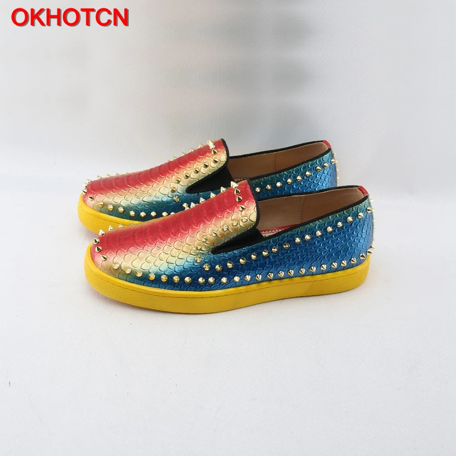 OKHOTCN Rivet Genuine Leather Men Loafers Mixed Colors Casual Shoes Red Yellow Blue Round Toe Sneakers Slip-On Fish Scales Flats