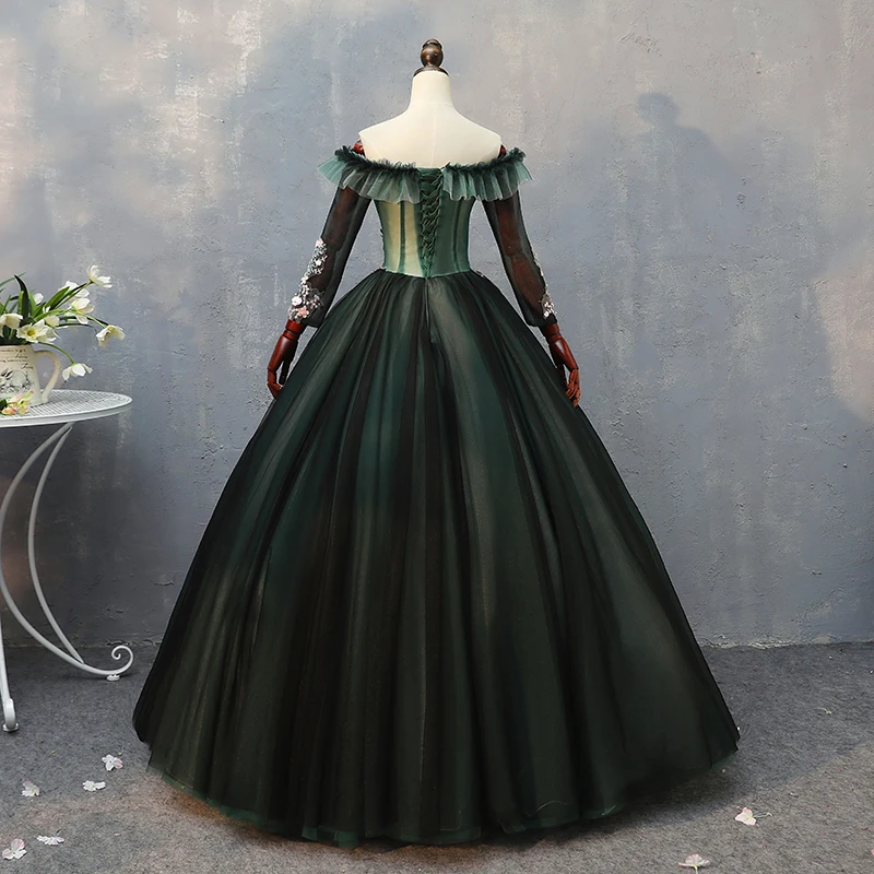 100%real carnival fairy dark green embroidery court medieval dress renaissance Gown queen Victorian /Marie/ Belle Ball/ball gown