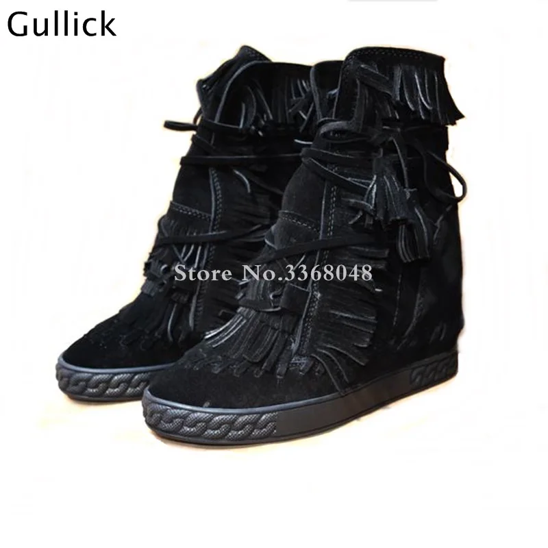 

Height Increasing Wedges Fringed Ankle Boots For Woman Round Toe Black Lace Up Concise Botas High Heels Shoe Multi Choices