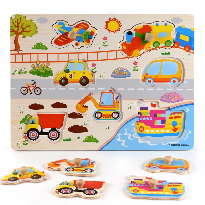 Rompecabezas de madera 3D para niños, tablero de agarre manual, vehículo, animales, frutas, cognición, Tangram, juguetes educativos Montessori