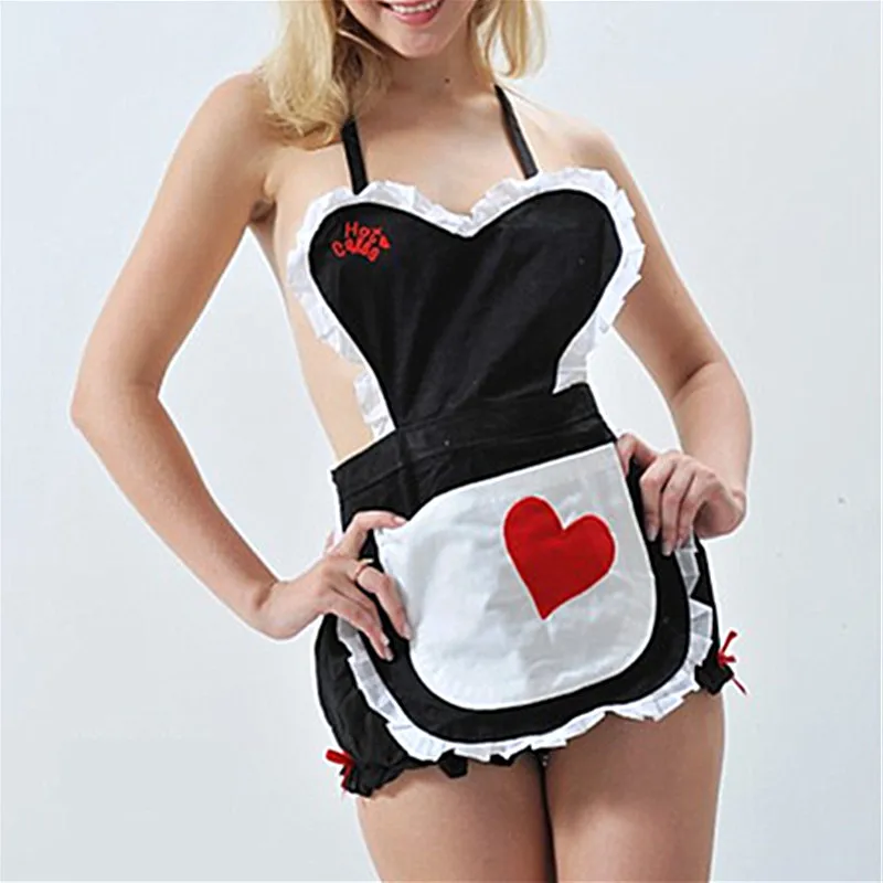 Delantal negro, lencería, nuevos disfraces sexis de sirvienta, lencería Sexy para mujer, corazón rojo, traje Halter de encaje de sirvienta francesa, disfraz de lencería erótica