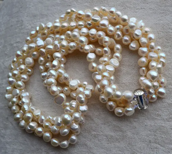 Perfect Pearl Necklace ,Charming 4 Strands White Color Baroque Shape 100% Real Freshwater Pearl Necklace, AA 6-7MM 18 inches