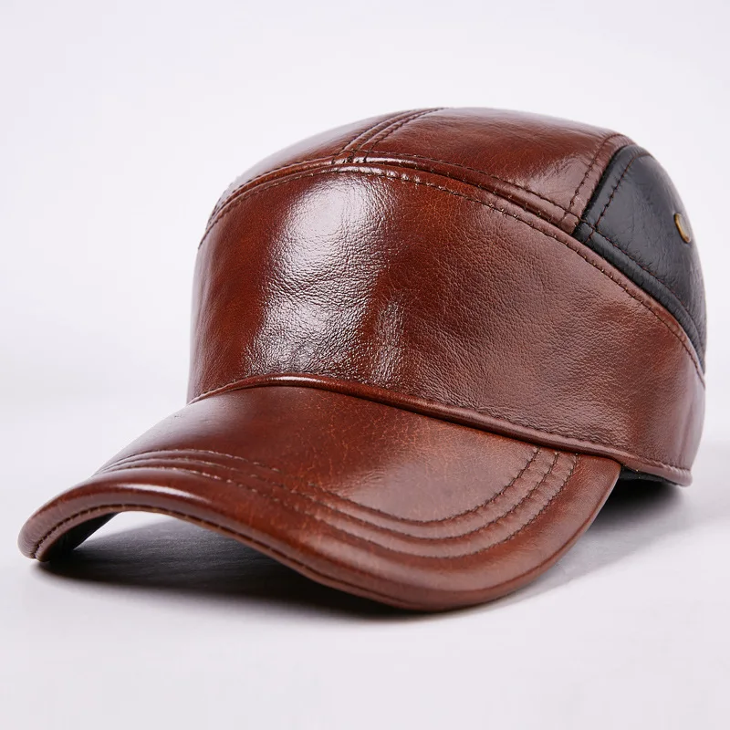 

100% Genuine Leather Hat Men's Cowhide Leather Hat Ear Protection Baseball Cap Warm Peaked Thickening Leather Cap B-7193