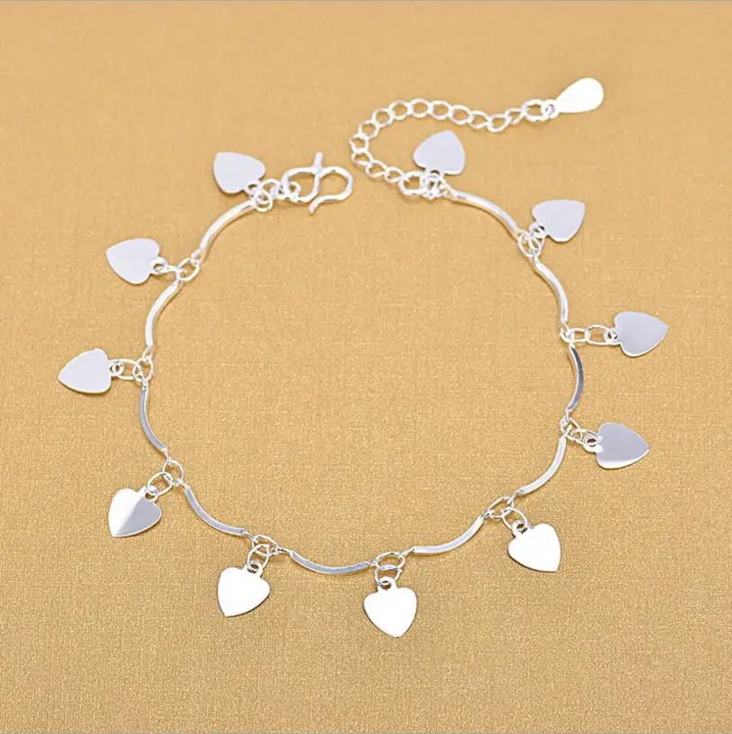 TJP 2018 Hot Heart Silver Anklets For Women Jewelry Charm Girl 925 Silver Bracelets Princess Party Bijou Bend Bamboo Link Chain