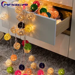 Mixed Handmade Rattan Wicker Balls String Lights, Fairy Party Garland, Patio Decor, Night Lamp, Black, Gray, White, 20Pcs Set