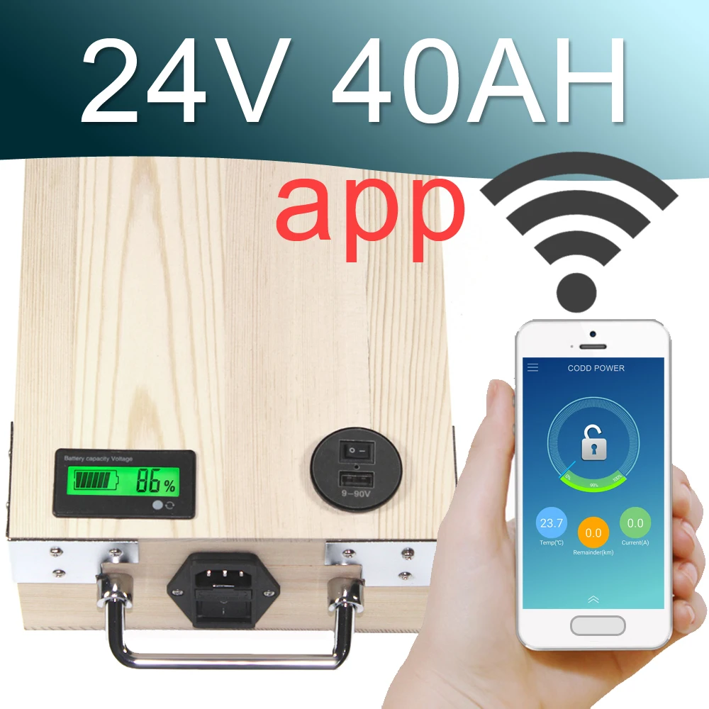 

24V 40AH APP Lithium ion Electric bike Battery Phone control USB 2.0 Port Electric bicycle Scooter ebike Power 1000W Wood