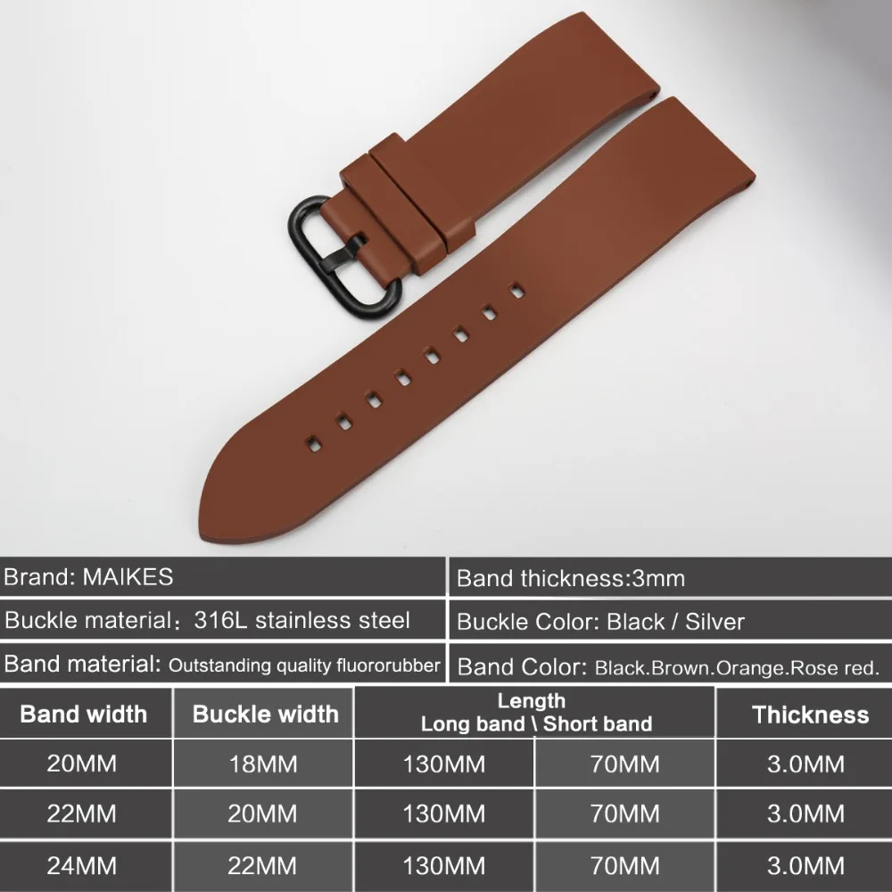 MAIKES Watch Accessories Sport Watch Strap 20mm 22mm 24mm Diver\'s Watchband Brown Fluoro Rubber Watch Band For Fossil Watch