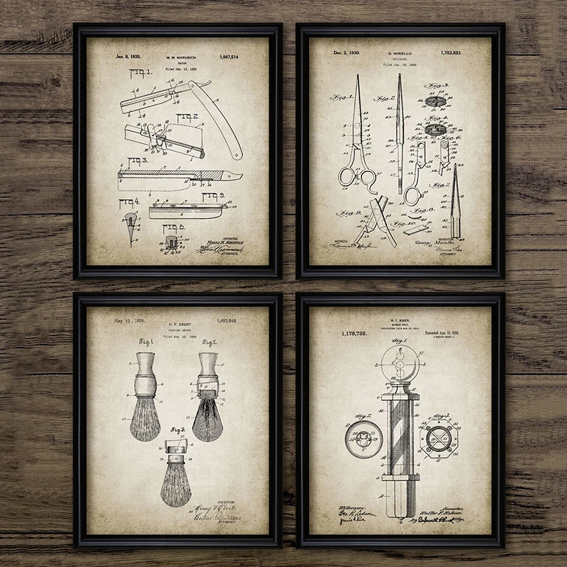 Barber Patent Blueprints Vintage Posters Canvas Prints ,Shaving Brush, Scissors Barber\'s Pole, Cutthroat Razor Barbershop Decor
