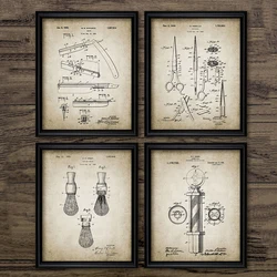 Barber Patent Blueprints Vintage Posters Canvas Prints ,Shaving Brush, Scissors Barber's Pole, Cutthroat Razor Barbershop Decor
