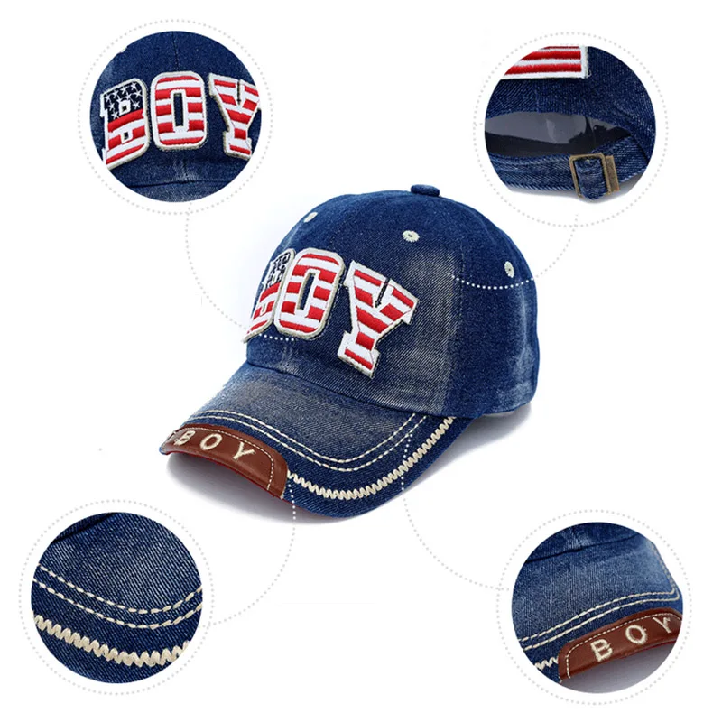 Kids Boys Baseball Cap Summer Toddler Children Dad Hat Jean Casual Hip Hop Letter Denim Sun Snapback Casquette Blue