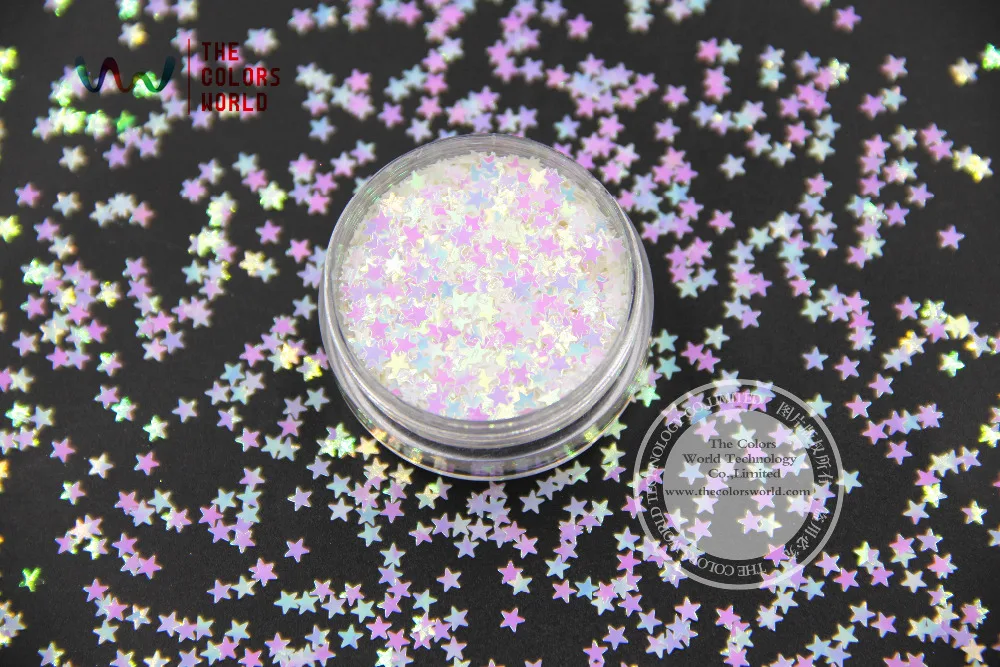 TCI03 Parelmoer Regenboog Wit Roze Licht Kleuren Sterren vorm 3.0 MM Size Glitter voor nail Art nail gel make of DIY decoratie