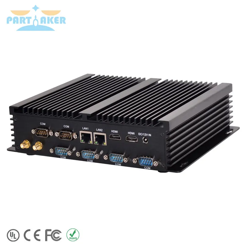 Partaker I4 PC Mini Industri Tanpa Kipas dengan 6 COM 2 HDMI 2 Lan Warna Hitam Prosesor Intel Core I5 4200U I7 4500U Komputer Mini