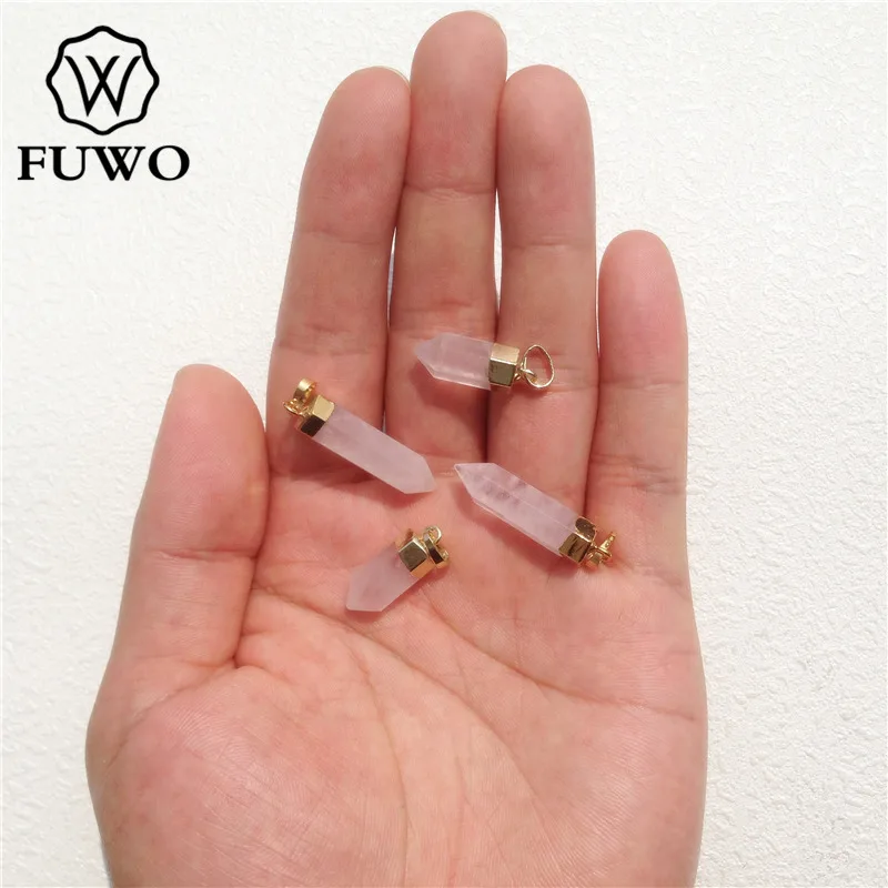 FUWO Wholesale Rose Quartzs Point Pendant Golden Plated Spike Shape Raw Crystal Accessories For Jewelry Making 5Pcs/Lot PD119