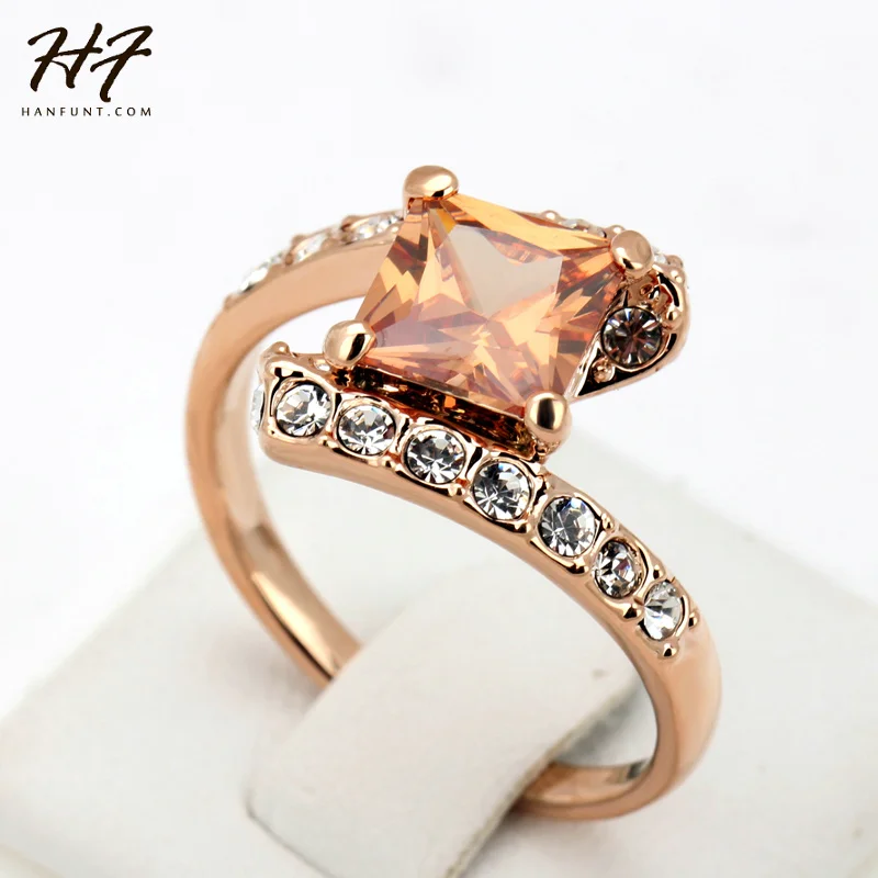 Top Quality Square Rose Gold Color Fashion Ring Austrian Crystals Full Sizes HotSale R353 R354