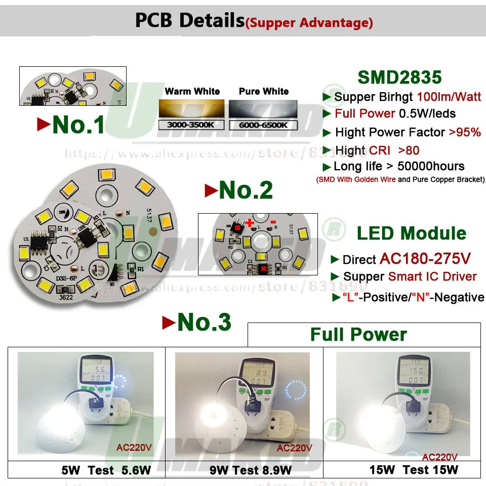 10pcs AC220V LED Module 3W 5W 7W 9W 12W 15W 18W Downlight PCB Aluminum plate White/Warm SMD2835 Smart IC Driver Ceiling Lamp DIY