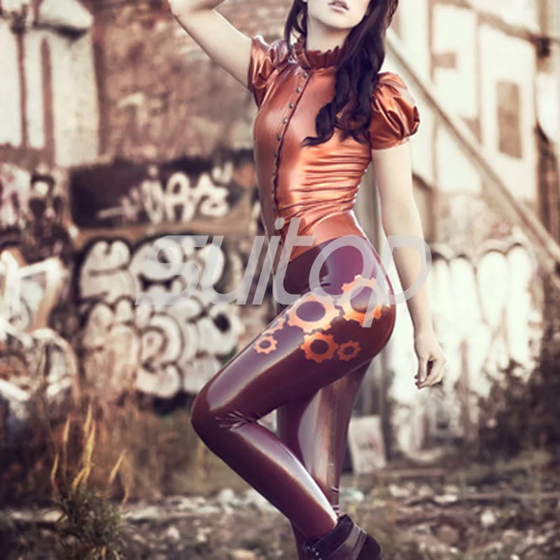 Latex Blouse Costumes rubber tops in Metallic Bronze color