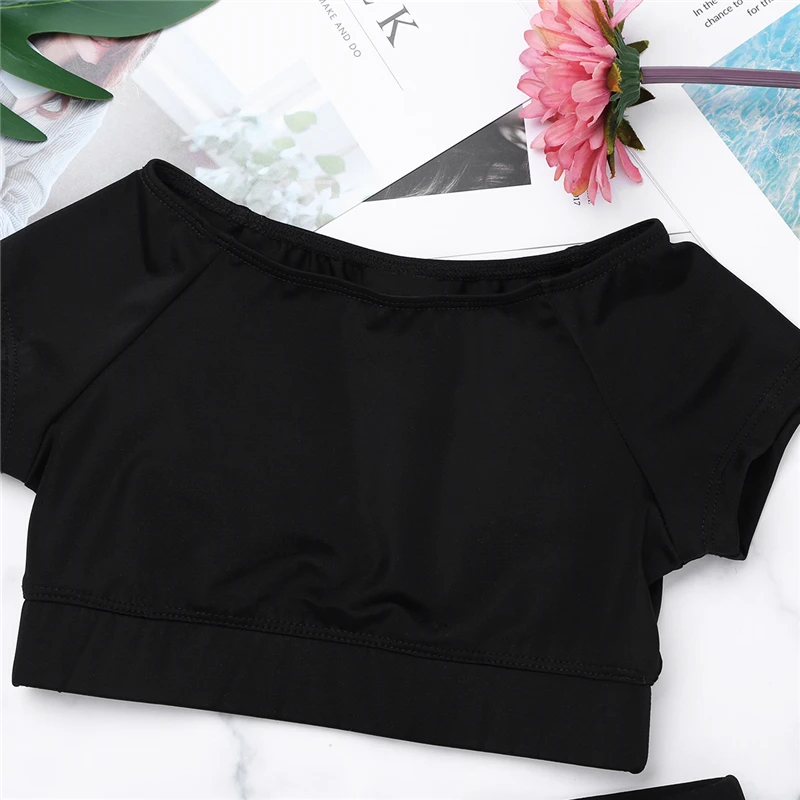 Girls Black Short Sleeve Tankini Crop Top Shorts Set Child Ballet Dance Sports Workout Gymnastics Suits Kids Dance Wear