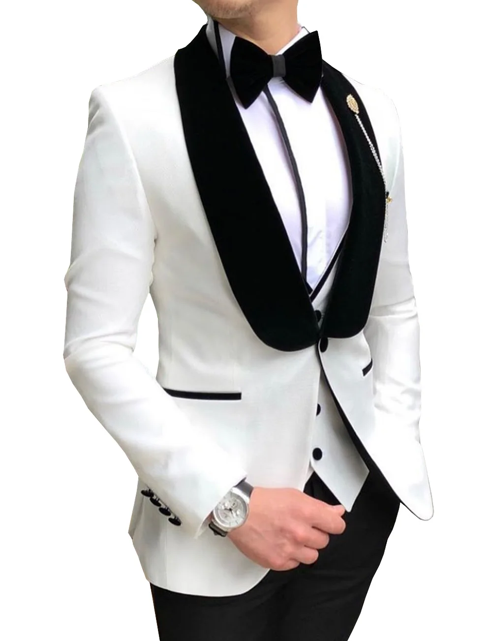 Heren Witte Pakken Slim Fit 3 Stuks Zakelijke Jas Smoking Blazer Gentleman Voor Bruiloft Bruidegom Prom Avond (Blazer + vest + Broek)