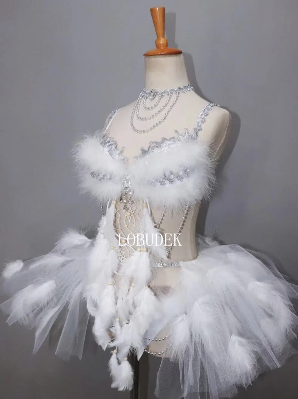 White Feather Crystals Bikini Bubble Skirt Sexy Stage Wear Nightclub Bar Performance Dance Costume Party Festival Rave Outfits