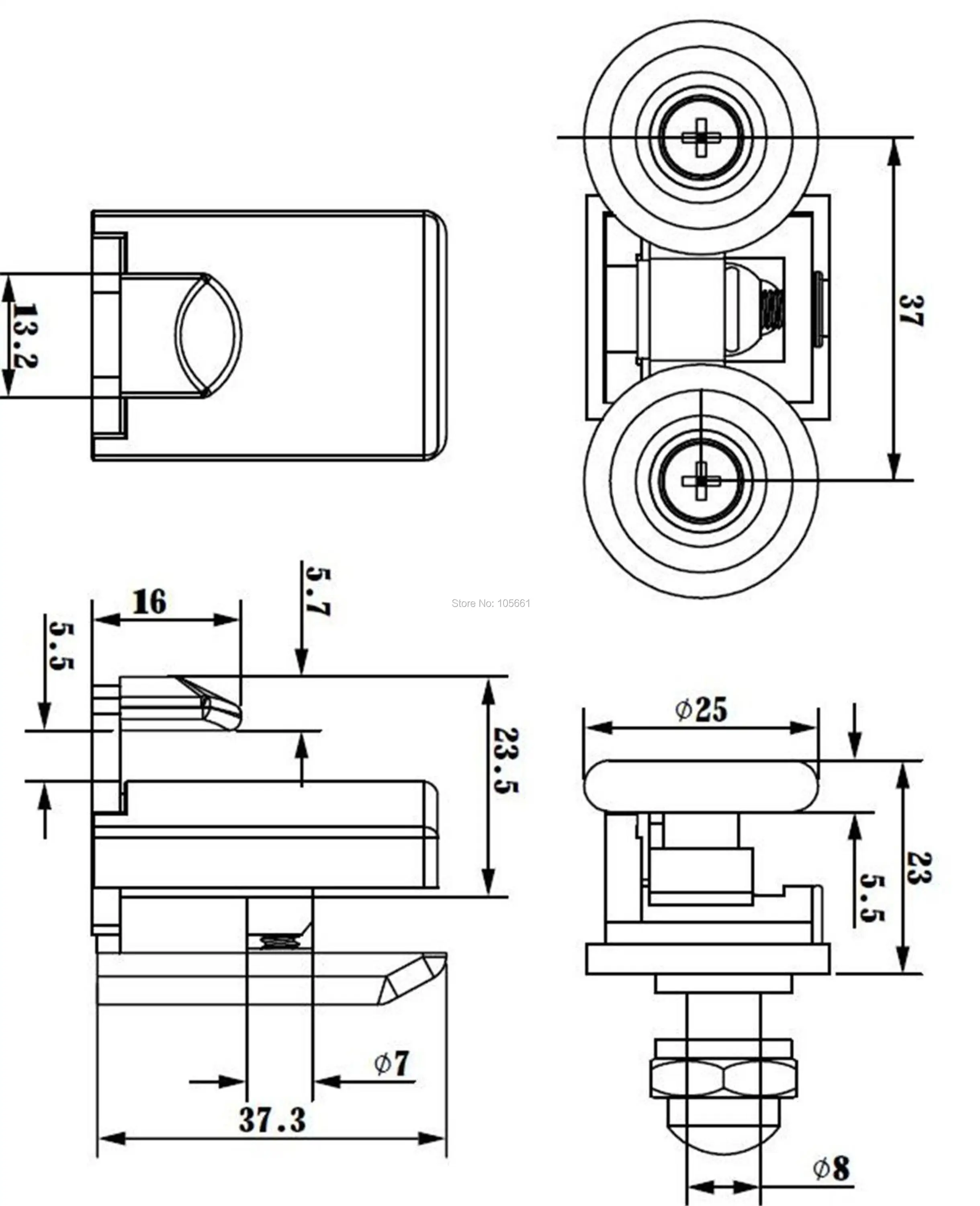 Set of 2 Shower Door Rollers/Runners/ 2 Hooks/Guides 25mm Wheels Diameter904H/106