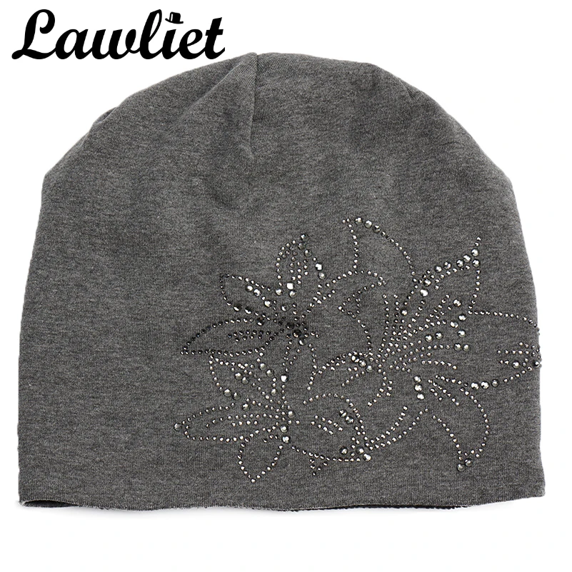 Lawliet Winter Beanies Hat Flower Diamond Knitted Hat for Women Warmer Fleece Lining Bonnet Cap Elegant Ladies Turban Hat A408