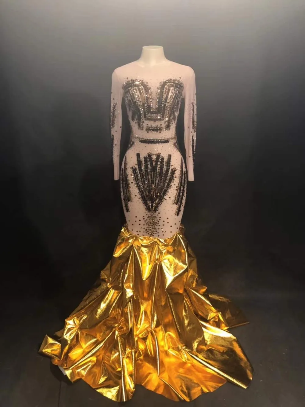 Vestido de lentejuelas doradas con diamantes de imitación brillantes para mujer, vestido Formal de noche para cantante, traje de una pieza para Bar, traje de actuación para escenario