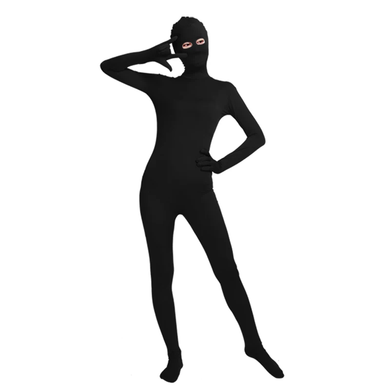 Ensnovo-body Zentai negro para mujer y hombre, traje de nailon y LICRA, medias de piel abierta con ojos, disfraz de Cosplay para fiesta de Halloween