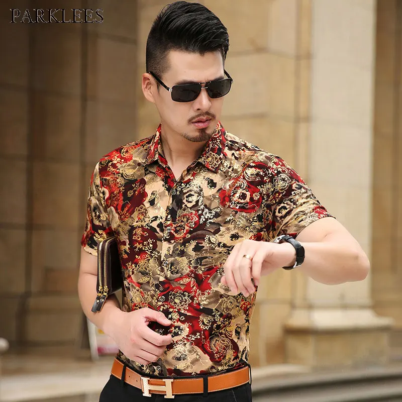 Fashion Gold Bronzing Floral Shirt Men 2022 Luxury Brand Silk Shirt Men Slim Fit Short Sleeve Camisa Hombre Mens Dress Shirts