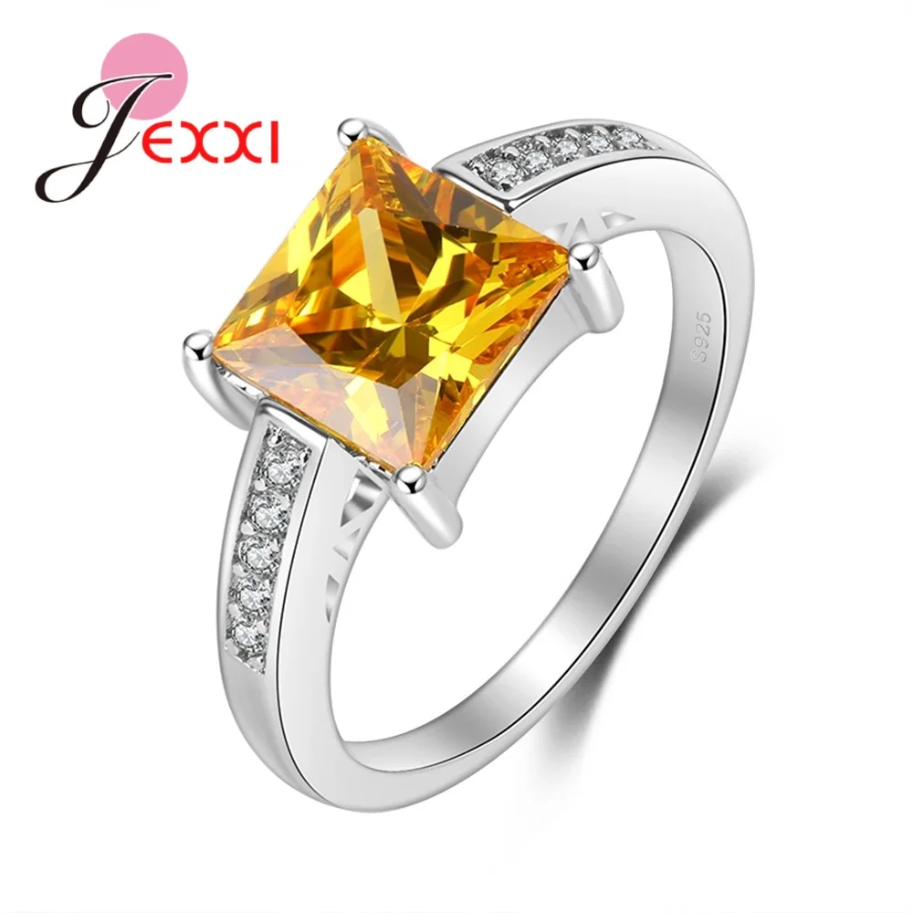 Trendy Fashion Women Rings Shiny Yellow Cubic Zirconia 925 Sterling Silver Needle Engagement Wedding Finger Ring Wholesale