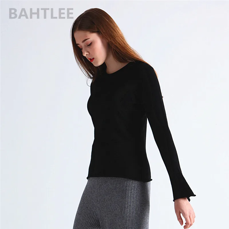 BAHTLEE-Merino Wool Sweater for Women, Anti-Pilling Hollow Pullovers, Flare Sleeves, O-NECK, Flare Sleeve, Crimping, Autumn