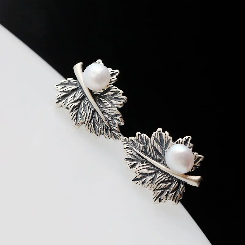 Ecoworld Ge jewelry wholesale retro leaves Thailand Tremella nail hand set natural pearls 925 Sterling Silver Earring