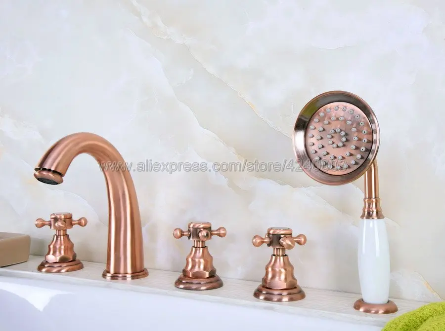 

Antique Red Copper Deck Mount 5 Holes Bathtub Mixer Faucet Handheld Shower Widespread Bathroom Faucet Set Water Tap Ktf238