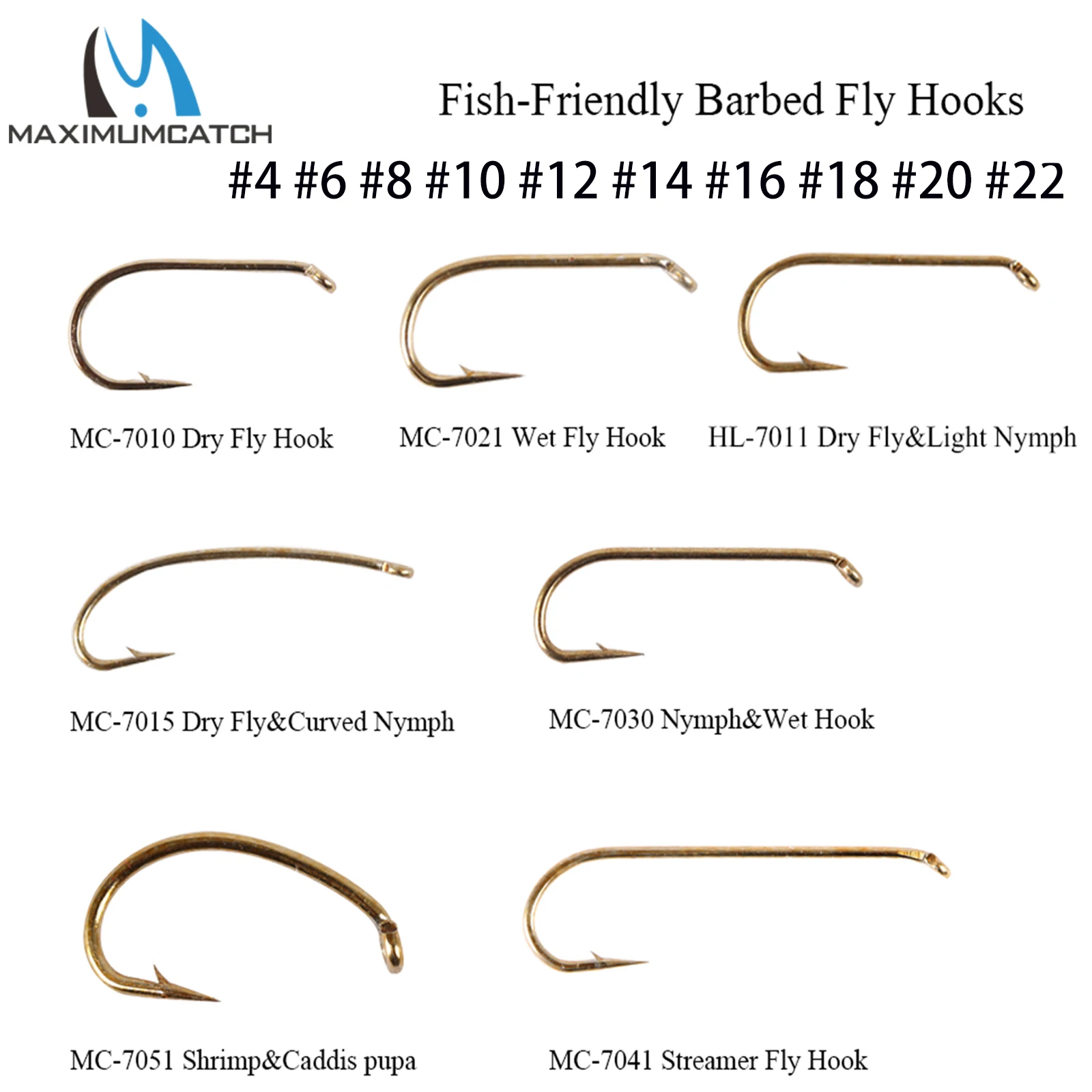 Maximumcatch 100pc Fly Tying Hook 4#-22# Fish-Friendly Barbed Fly Fishing Hook Dry Wet Nymph Shrimp Caddis Pupa Streamer Flies